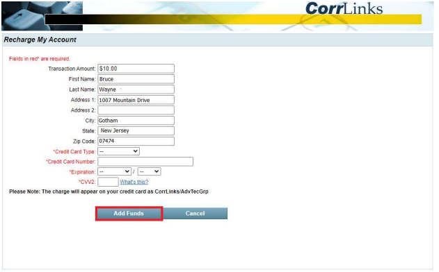  Enter your card information and click Add Funds