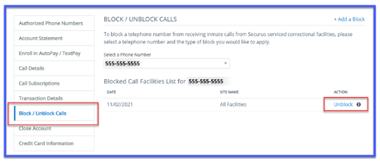select Block Unblock Calls in securus