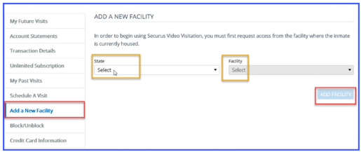Add Facility button at Securus Video Connect Account