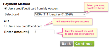 Choose your payment method by selecting a previously saved card from the Select card list