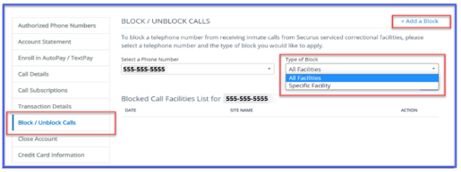 click Block Calls at securus