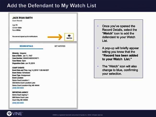 Add a Defendant Court Case to My Watch List in VINELink