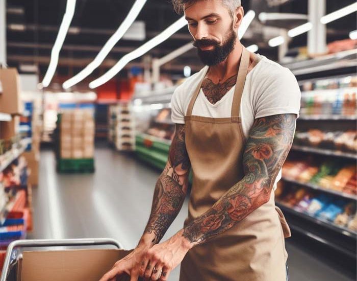 an ex-felon is working to tidy up goods in a supermarket