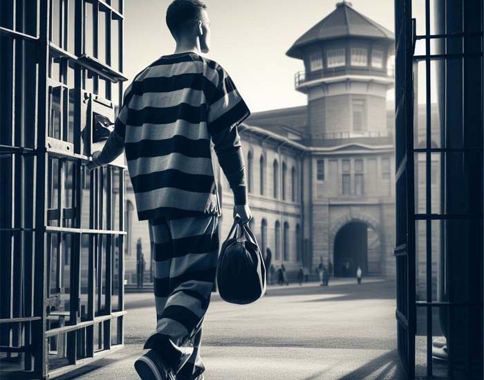 an inmate comes out of the prison gates, he just being released an inmate comes out of the prison gates, he just being released