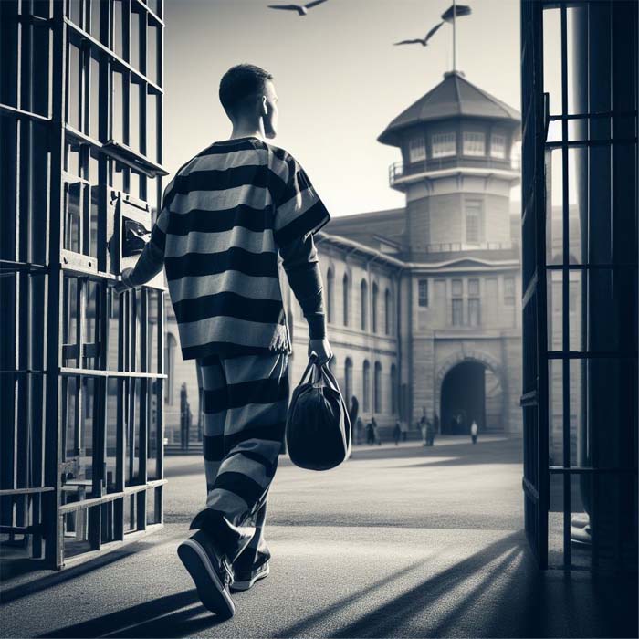 an inmate comes out of the prison gates, he just being released an inmate comes out of the prison gates, he just being released