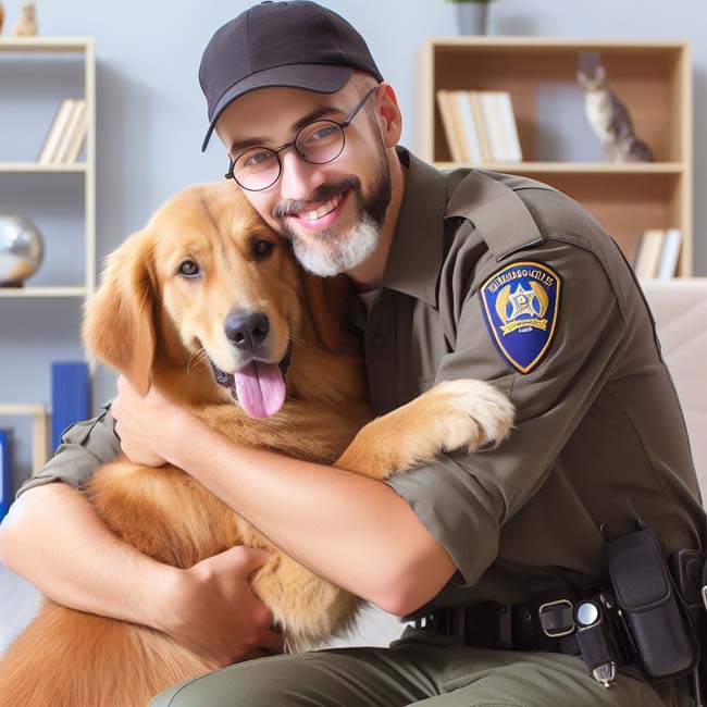 a man as an Animal Control Officer hugged a dog